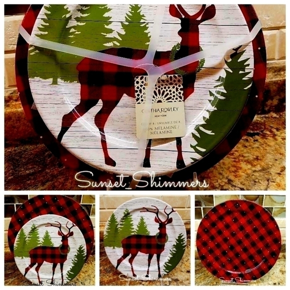 8PC Christmas Reindeer Buffalo Plaid Melamine Dinner & Salad app Dessert Plates - Picture 1 of 9